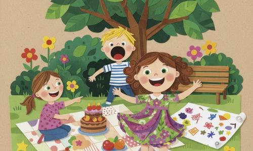 Fête de fin d'école dans le jardin : une fillette de 6 ans aux cheveux bruns bouclés aux épaules, yeux verts et grand sourire tournoie en robe violette à fleurs, un garçon de 6 ans (Hugo) aux cheveux blonds en bataille la taquine en faisant un faux rugissement derrière elle, et une fillette de 5–6 ans (Clara) aux cheveux châtains en queue-de-cheval rit et pointe un gâteau en carton sur une grande nappe en patchwork ; autour, un grand arbre et fleurs stylisées en papier, un banc et une couverture à motifs, couleurs vives et pièces de papier superposées créant texture et ambiance joyeuse de pique-nique et jeux.