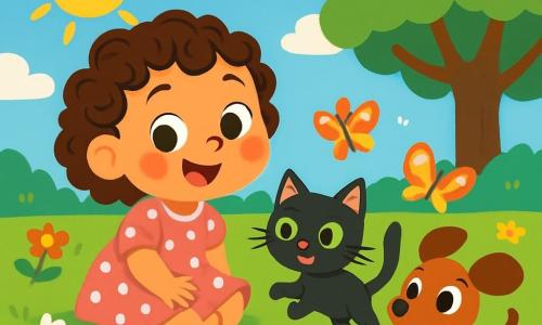 Une petite fille de 2 ans, aux grands yeux pétillants et cheveux bouclés, est assise dans un jardin ensoleillé, vêtue d'une robe rose à pois blancs, souriant joyeusement. À ses côtés, un chat noir nommé Max bondit avec enthousiasme, tandis qu'une petite souris grise, Zoé, court rapidement. Un chien marron aux grandes oreilles, Tom, observe un papillon coloré avec curiosité. Le jardin est rempli de fleurs éclatantes et de papillons, avec un grand arbre au fond et un ciel bleu parsemé de nuages blancs. La petite fille et ses amis s'amusent à faire une course, riant et s'encourageant, créant une atmosphère joyeuse.
