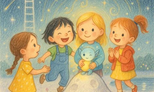 Cinq personnages sur un petit sommet lunaire : quatre filles de 5 ans — Lila à gauche, nattes brunes, robe jaune à pois, tend la main vers une petite créature ; Nina à côté, cheveux courts noirs, t-shirt vert et salopette, rit sur la pointe des pieds ; Mina au centre, cheveux blonds lâchés, pull bleu clair, tient une pierre lumineuse contre sa poitrine avec Piko, une minuscule créature extraterrestre bleu pâle aux yeux ronds et oreilles pointues, posée sur sa main et faisant un clin d'œil ; Zoé à droite, rousse en queue de cheval, veste rouge, applaudit en bondissant. Le sol est blanc nacré texturé, herbes et fleurs lumineuses, un lac miroir argenté au fond, une grande lune proche et un ciel étoilé ; une échelle de rayon argenté descend d'un cercle de lumière au sol. Les quatre filles sont dans un cercle de lumière dorée, chantent ensemble, gestes ronds et joyeux, fils de lumière et notes musicales montent vers la lune, pierres qui scintillent ; style crayons de couleur, traits doux, palette pastel lumineuse, textures visibles, atmosphère chaleureuse et émerveillée.