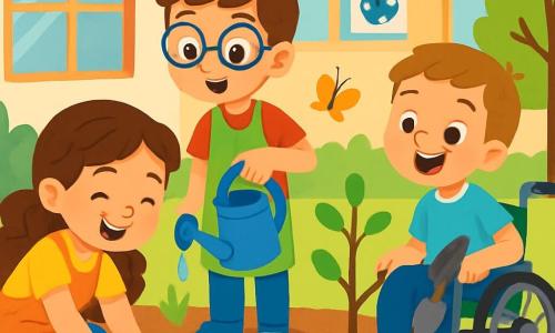 Il y a trois personnages : Emma, une fille de 8 ans aux boucles brunes, souriante, accroupie en train de planter des graines de fleurs ; Léo, un garçon de 9 ans avec des lunettes rondes, debout à côté d'elle avec un arrosoir coloré ; et Jules, un garçon de 8 ans en fauteuil roulant, souriant et tenant une petite pelle, observant fièrement les arbres qu'il a plantés. L'action se déroule dans la cour de l'école, remplie de terre fraîche et de pots de fleurs colorés, sous le soleil, avec des jeunes arbres, de la verdure et des papillons. Les trois amis travaillent ensemble pour créer un jardin écologique, s'entraidant et illustrant leur engagement à protéger la planète avec joie.