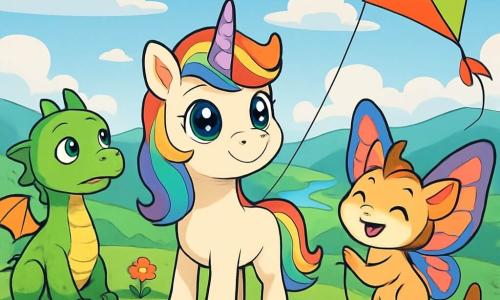 Au centre de l'image, Lila, une petite licorne à crinière arc-en-ciel et yeux brillants, regarde avec curiosité depuis une colline verdoyante entourée de fleurs. À sa droite, Zoé, une chimère aux ailes multicolores, sourit en tenant un cerf-volant géant. À gauche, Félix, un jeune dragon aux écailles vertes, observe le ciel avec émerveillement. En arrière-plan, un paysage enchanteur de collines et d'une rivière scintillante sous un ciel bleu et nuageux se dessine. La scène évoque camaraderie et aventure, symbolisant l'entraide et la joie de vivre ensemble.