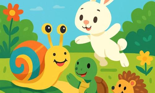 Un escargot souriant nommé Titi, avec une coquille colorée, avance sur une feuille verte, ses yeux pétillants de joie. À côté, un lapin aux grandes oreilles bondit avec enthousiasme, tandis qu'une tortue l'encourage en agitant ses pattes. Un hérisson aux piquants dorés sourit en arrière, prêt à applaudir. La scène se déroule dans un jardin ensoleillé, rempli de fleurs et de buissons, avec un ciel bleu clair. Titi participe à une course amusante avec ses amis, créant une atmosphère joyeuse et pleine d'énergie.