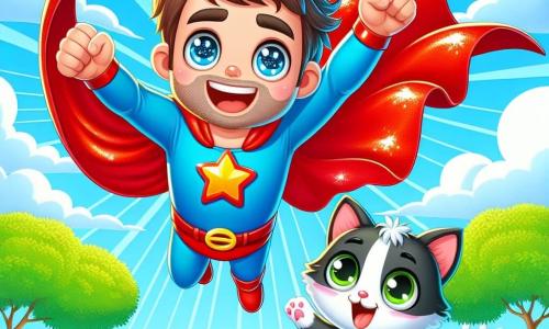 Super Bob, un homme souriant en cape rouge, saute dans les airs avec surprise. À ses côtés, Petit Chat, un chaton noir et blanc d'un an, l'observe avec curiosité. Ils se trouvent dans un parc ensoleillé, entourés d'arbres et de fleurs. Super Bob essaie de s'envoler, mais sa cape est accrochée à une chaussette. Il tire dessus avec détermination, tandis que Petit Chat s'apprête à l'aider, créant une scène amusante et camaraderie.