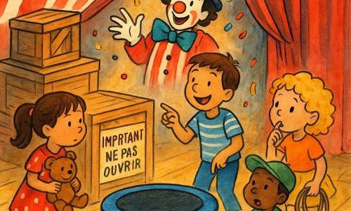 Coulisses d'un cirque sous un chapiteau rouge et blanc : cinq personnages — Mila, 7 ans, cheveux bruns en couettes, robe à pois rouges, tenant une peluche et regardant une caisse étiquetée à gauche ; Noé, 8 ans, T-shirt rayé bleu et jean, souriant et pointant le mini-trampoline au centre ; Lila, 6 ans, cheveux blonds bouclés, jupe jaune, chuchotant et touchant la corde à sauter à droite ; Sam, 7 ans, cheveux courts et casquette verte, assis dans une petite voiture aux roues rouges à l'arrière en train de faire « trrrroum » ; et Monsieur Pipo-Plouf, clown adulte au nez rouge, maquillage blanc et grand chapeau, surgissant derrière un rideau en velours rouge. Plancher en bois brillant, piles de caisses (dont une marquée « IMPORTANT : NE PAS OUVRIR »), guirlandes de confettis et lumière chaude : les objets bougent et rient — le chapeau éternue des confettis, le mini-trampoline fait « boing », la corde se tortille et le clown apparaît pour surprendre les enfants.