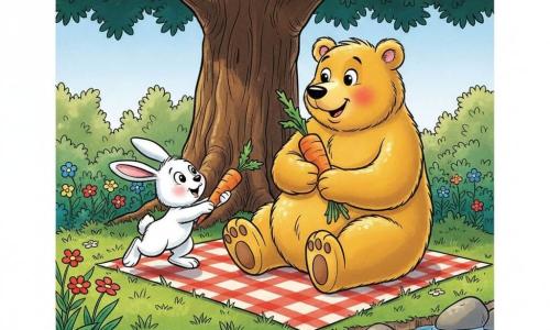 Ourse ronde au pelage doré, sourire chaleureux, assise et tenant une grosse carotte, à côté d'un petit lapin blanc nommé Bibi qui lui tend une autre carotte; ils font un pique-nique paisible au bord d'un ruisseau scintillant, sous un grand arbre, sur une couverture à carreaux, entourés d'un champ de fleurs colorées, ambiance douce, lumineuse et style bande dessinée expressif.