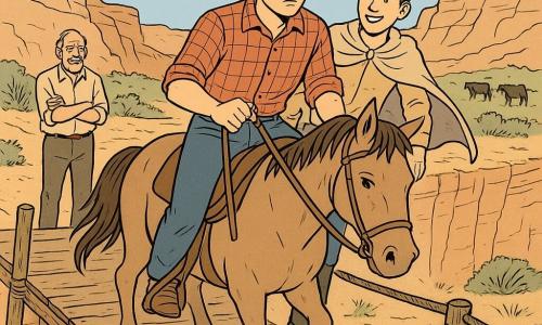 Un garçon de 17 ans en chapeau de cowboy et chemise à carreaux, visage concentré, tient les rênes de son cheval qui avance prudemment sur un vieux pont de planches branlant; juste derrière, Jesse, aussi adolescent, sourit nerveusement, cape au vent et pose une main rassurante sur l’épaule du premier, tandis qu’en rive opposée Old Tom, homme plus âgé à la moustache, surveille la scène. Le pont relie les parois rocheuses d’un canyon profond au-dessus d’une rivière asséchée, entouré d’herbes et de buissons sous un grand ciel nuageux; tension et courage marquent la traversée pour récupérer des vaches de l’autre côté.