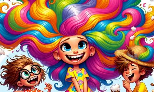 Zoé, une fille de 10 ans aux cheveux longs et multicolores en forme de nuage, sourit malicieusement au centre de l'image. Elle porte une robe faite de ses cheveux, ornée de motifs arc-en-ciel, et se prépare à attraper des tartines volantes avec ses cheveux. À côté, Tim, un garçon de 10 ans avec des lunettes rondes et des cheveux bruns en bataille, rit en tenant une tartine qui lui est tombée sur le front. Il est en t-shirt jaune et short bleu, amusé par la situation. Nora, une autre fille de 10 ans aux cheveux blonds tressés et chapeau de paille, se tient en retrait, souriante et prête à participer. La scène se déroule dans un salon coloré avec des murs bleu clair et des coussins au sol, où un grille-pain envoie des tartines dorées dans les airs, créant une ambiance joyeuse et chaotique. Zoé utilise ses cheveux pour attraper les tartines, tandis que ses amis s'amusent, ajoutant à l'atmosphère festive.
