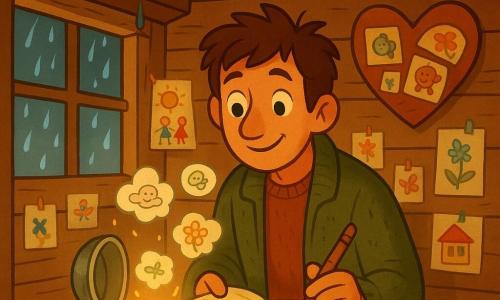 Valentin, souriant et émerveillé, yeux brillants, cheveux châtains en bataille et veste en laine verte usée, tient un carnet et un crayon tordu en regardant une petite capsule temporelle métallique ouverte posée sur la table qui émet une douce lueur dorée; de petits croquis flottent autour d’elle comme des nuages. La petite cabane en bois biscornue, murs aux planches visibles et décorés de croquis colorés avec un grand cœur en carton, a une fenêtre embuée où tombent des gouttes de pluie et un toit laissant perler quelques filets d’eau; l’intérieur chaleureux aux tons ocres, vert mousse et rouge sombre contraste avec l’extérieur bleu-gris, lumière et ombres douces, style vectoriel clair aux formes simples et contours nets, composition centrée sur Valentin et la table avec un angle légèrement plongé.