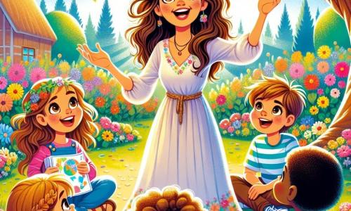 Amélie, une femme souriante aux cheveux bruns ondulés, se tient dans un jardin ensoleillé entourée d'enfants. Elle porte une robe légère colorée et explique avec passion l'importance de la paix. Léo, un garçon de 8 ans, lève la main avec un sourire, prêt à poser une question, tandis qu'Émilie, une fille aux yeux brillants, tient une carte colorée, excitée. Le jardin, rempli de fleurs multicolores et d'un pommier chargé de fruits, crée une atmosphère chaleureuse. Amélie enseigne aux enfants comment résoudre des conflits de manière créative, captivant leur attention dans une scène joyeuse de partage et d'apprentissage.