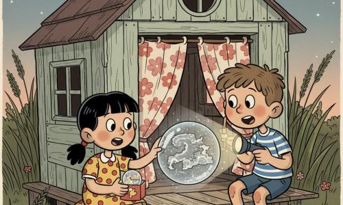 Dans une petite cabane en bois du jardin au crépuscule, deux enfants de 8 ans — Milo, garçon aux cheveux châtain courts, t-shirt rayé bleu et blanc, genoux boueux, tenant une lampe de poche sous le menton, et Inès, fille aux cheveux noirs en deux nattes, robe jaune à pois rouges, une main sur l’épaule de Milo et l’autre ouvrant une petite boîte — contemplent, émerveillés et éclairés d’une lueur argentée, une bille transparente flottante contenant une poussière scintillante qui tourbillonne et projette une mini-carte holographique ; l’atmosphère est douce, couleurs chaudes du soir, style cartoon rétro aux contours arrondis.