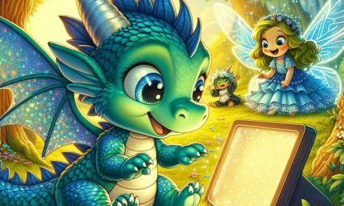 Illustration d'un petit dragon aux écailles bleu ciel et vert émeraude, avec de grandes ailes scintillantes, assis sur une branche, regardant un écran lumineux sur l'herbe. À proximité, une fée aux ailes translucides vole joyeusement, observant le dragon avec enthousiasme. Un lutin à la peau verte, caché derrière un buisson, rit et attend son tour pour jouer. La scène se déroule dans une forêt magique avec des arbres épais, des fleurs multicolores et des rayons de soleil illuminant le tout. Le dragon, captivé par l'écran, est observé par ses amis, prêts à jouer. Des lucioles, des champignons colorés et un ciel bleu clair ajoutent à l'atmosphère magique.