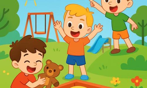 Trois enfants jouent dans un parc ensoleillé : Tom, un garçon de 6 ans avec des cheveux bruns en bataille et un t-shirt rouge, est accroupi avec son doudou, un ours marron, affichant une expression joyeuse. À côté de lui, Max, également âgé de 6 ans, avec des cheveux blonds et un short bleu, se tient debout, souriant et levant les bras comme s'il avait fait une découverte. Léo, le troisième enfant, a des cheveux châtains et porte un t-shirt vert ; il est en haut d'une petite colline, pointant vers le bac à sable avec un grand sourire. Le parc est rempli d'arbres, de fleurs et d'un bac à sable doré, avec des balançoires et un toboggan en arrière-plan. Les enfants sont en pleine recherche de doudou, créant une ambiance joyeuse et amicale, pleine de rires et d'excitation.