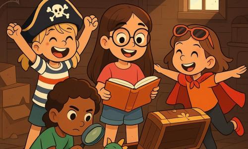 Quatre enfants sont réunis dans un grenier ancien. Léa, 9 ans, cheveux bruns et lunettes rondes, tient un livre ouvert. Lou, 8 ans, avec des cheveux blonds en couettes et un chapeau de pirate, lève les bras comme une capitaine. Ilona, 9 ans, cheveux châtains et lunettes de soleil, fait semblant de voler avec une cape de super-héros. Emma, 8 ans, cheveux courts et frisés, examine une peluche dragon avec une loupe. Le grenier, rempli de vieux objets et éclairé par une petite fenêtre, est transformé en un monde fantastique où elles se déguisent et imaginent des aventures de chasse au trésor.