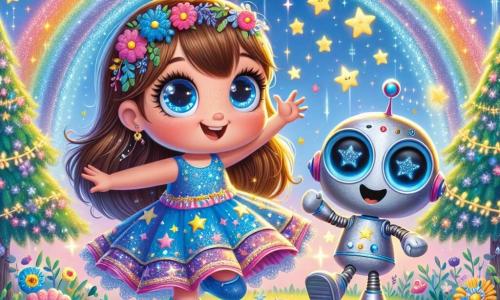 Luna, une petite fille de 6 ans aux longs cheveux bruns et aux yeux curieux, danse joyeusement au centre de la scène dans une robe colorée ornée d'étoiles et de planètes. À ses côtés, Zippy, un robot amical en métal argenté avec des yeux lumineux, danse aussi et encourage Luna. Le décor magique comprend des arbres scintillants, des fleurs chantantes et des arcs-en-ciel dans le ciel bleu, créant une ambiance festive où ils célèbrent la récupération des couleurs du royaume.