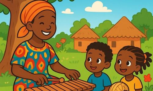 Aïssata, une femme d'une trentaine d'années souriante, est assise sous un grand baobab. Elle porte une robe colorée aux motifs africains et joue du balafon. À côté d'elle, deux enfants, un garçon de 7 ans et une fille de 6 ans, sont assis sur l'herbe. Le garçon, avec des cheveux crépus et un t-shirt bleu, et la fille, avec des tresses ornées de perles et une jupe colorée, regardent Aïssata avec émerveillement, impatients de jouer avec le ballon qu'ils tiennent. Le village africain est vibrant, avec des maisons en terre cuite et des fleurs colorées, sous un ciel bleu parsemé de nuages. Aïssata joue une mélodie douce sur son balafon, tandis que les enfants, captivés, sourient et se rapprochent pour partager leur ballon, créant un moment de joie.
