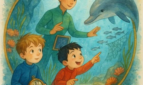 Trois personnages dans une bulle sous-marine ronde et transparente : Noé, 7 ans, cheveux châtain clair en bataille, yeux curieux, combinaison de plongée bleue, assis à gauche tenant une vieille boussole brillante sur les genoux et regardant la vitre émerveillé ; Léo, 7 ans, cheveux noirs courts, sourire espiègle, combinaison rouge, assis à droite collé à la vitre, pointant du doigt un banc de poissons et laissant apparaître son souffle contre le verre ; Maïa, 32 ans, peau bronzée, cheveux bruns en chignon, combinaison verte, au centre derrière les garçons, main sur un petit tableau et l'autre montrant du doigt un filet de pêche déchiré à l'extérieur, regard calme et rassurant. À l'extérieur : passage rocheux étroit, herbes marines longues, rochers couverts d’anémones roses et oranges, filet accroché à une roche et clairière de sable clair où nagent des poissons argentés. Scène d’observation d’un grand dauphin curieux pointant du rostre vers le filet cassé et la clairière ; ambiance tactile et colorée avec lumière dorée filtrée, éclairs bleus et verts, petites bulles et textures aquarelle suggérant le mouvement de l’eau.