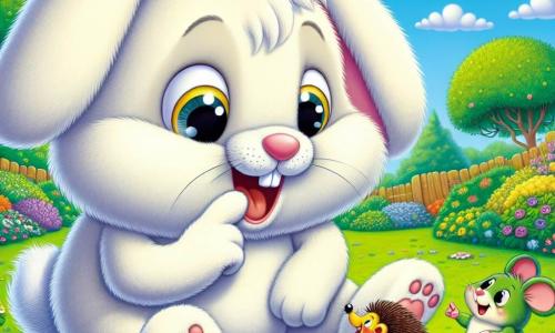 Flocon, un petit lapin au pelage blanc, est assis dans l'herbe verte du jardin, souriant malgré une légère fatigue. À ses côtés, Paillette, une souris grise pleine d'énergie, rit en racontant une blague. Plus loin, Pic, un hérisson inquiet, s'approche pour soutenir son ami. Sauteuse, une grenouille verte, saute joyeusement autour d'eux. Le jardin est coloré et ensoleillé, reflétant une atmosphère joyeuse où Flocon et ses amis jouent ensemble, illustrant l'importance de l'amitié.