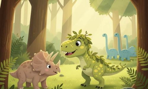 Jeune T-Rex souriant et curieux, peau vert clair tachetée de jaune, camouflé de feuilles et de branches, penché pour observer et imiter les herbivores ; à gauche un tricératops pastel au regard amical et surpris, à droite en arrière-plan un groupe de sauropodes bleu pâle broutant ; clairière forestière luxuriante, herbe verte, fougères et rayons de soleil filtrant à travers le feuillage.