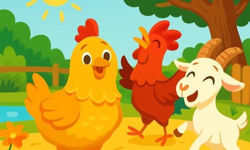 Pluminette, une poule aux plumes dorées, se tient fièrement au centre de la scène avec un sourire chaleureux. À ses côtés, Coco le coq chante joyeusement, tandis que Margotte la chèvre danse autour d'eux. Le décor est une cour ensoleillée entourée d'arbres et de fleurs, avec un vieux chêne offrant de l'ombre et une petite mare scintillante. La scène montre Pluminette et ses amis célébrant ensemble après avoir construit un abri pour se protéger de la pluie, illustrant l'amitié et la solidarité entre les animaux.
