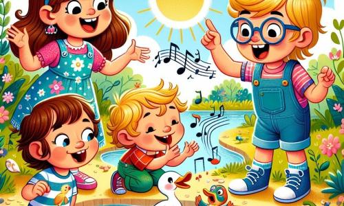 Quatre personnages principaux se trouvent au bord d'une mare ensoleillée : Lila, une fille de 8 ans aux longs cheveux bruns en robe rose à pois blancs, danse joyeusement ; Max, un garçon de 9 ans aux cheveux blonds en bataille, rit en pointant un canard ; Ben, un garçon de 8 ans en fauteuil roulant avec des lunettes et un t-shirt rouge, applaudit ; et Mia, une fille de 7 ans avec des couettes blondes en salopette en jean, fait des grimaces. Les enfants s'amusent autour d'un canard chanteur sur un nénuphar, tandis qu'une grenouille en robe à fleurs ajoute de la magie à cette scène joyeuse.