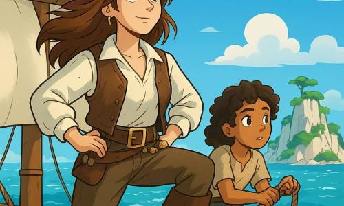Une femme pirate, Capitaine Maris, se tient fièrement à la proue de son navire, la Lame d'Argent. Ses cheveux châtains brillent au soleil, et son regard déterminé exprime une curiosité pétillante. Elle porte une chemise blanche, un gilet en cuir usé, et un pantalon de toile, avec une ceinture ornée de trésors. À ses côtés, Mira, une jeune gabier de 12 ans, observe l'horizon avec excitation et inquiétude, prête à aider. En arrière-plan, le ciel bleu est parsemé de nuages, et la mer scintille sous le soleil, avec l'île des Dents de Corail à l'horizon. Capitaine Maris scrute l'horizon, déterminée à découvrir un trésor caché, tandis que l'équipage s'affaire autour d'elle, plein d'énergie.