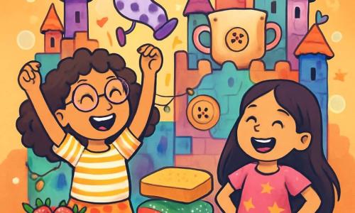 Il y a trois personnages : Zoé, une fille de 8 ans avec des cheveux bouclés et des lunettes rondes, qui porte un t-shirt à rayures et une jupe à pois, se tient debout avec les bras levés et un grand sourire, tenant une chaussette gigotante au-dessus de sa tête. Lina, également âgée de 8 ans, a des cheveux lisses et longs, porte une robe rose avec des étoiles, et se tient à côté de Zoé, riant aux éclats avec les mains sur les hanches. La chaussette, à pois violets avec des bras et des jambes, danse joyeusement sur la tête de Zoé. L'action se déroule dans un château fantastique fait de chaussettes dépareillées et de tasses ébréchées, avec des murs colorés et des bulles de savon flottantes, créant une ambiance magique. Zoé et Lina préparent un sandwich absurde sur une grande table remplie d'ingrédients loufoques, tandis que la chaussette danse et chante au-dessus d'elles, ajoutant une touche de folie à cette scène joyeuse.