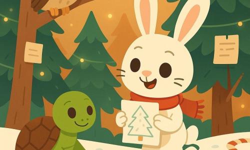 Un petit lapin blanc aux grandes oreilles roses, yeux noisette et sourire malicieux, vêtu d'une écharpe rouge, tient contre sa poitrine un dessin replié, curieux et joyeux, sautillant; à sa gauche, une tortue verte à carapace brune tachetée, au visage doux et souriant, pose une patte sur une noisette en regardant le dessin; au-dessus, une chouette ronde beige aux grands yeux brillants est perchée sur une branche, attentive et inclinée vers le groupe. Des sucres d'orge rayés rouge et blanc forment un sentier scintillant sur la neige poudreuse, quelques parchemins sont accrochés aux branches basses; la clairière boisée en hiver, dominée par des sapins foncés décorés de guirlandes et éclairée d'une lumière dorée du soir avec de petites lucioles, dégage une atmosphère chaleureuse et colorée. La scène centrée montre le lapin rapportant son dessin au tronc tandis que ses amis l'entourent et l'admirent, avec des couleurs vives, lignes nettes et formes simples et contrastées.