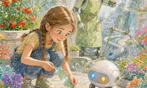 Fille de 8 ans aux cheveux châtain clair en deux nattes légèrement décoiffées, accroupie, retirant doucement une feuille brillante collée sur un petit capteur de sol ; petit robot-ami boule blanc brillant de 30 cm aux yeux-lampes changeant de bleu à jaune roule à côté d’elle, complice ; robot-jardinier humanoïde adulte à carapace verte et tablier sur petites roues, tête inclinée en arrière-plan, soulagé ; jardin suspendu sur falaise futuriste avec terrasses en pierre claire, massifs de tomates et fleurs colorées, bras d’arrosage fins repliés, petits chemins pavés, balustrades translucides et trains magnétiques en contrebas ; scène calme et lumineuse: la fille répare le capteur et déclenche un arrosage délicat, gouttes fines scintillantes, palette pastelle avec touches vives rouge tomate et vert feuille, textures aquarelle et rehauts blancs lumineux.