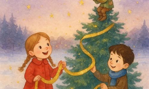 Dans une clairière enneigée au crépuscule, une fillette de six ans aux nattes châtain clair et manteau rouge et un garçon d'environ sept ans à l'écharpe bleue enroulent un long ruban doré autour d'un grand sapin pendant qu'un petit lutin au bonnet vert perché dans les branches applaudit; l'atmosphère est magique et chaleureuse, avec neige poudreuse, lumières de village au loin, étoiles dorées tombant doucement et palette aquarelle aux touches de doré.