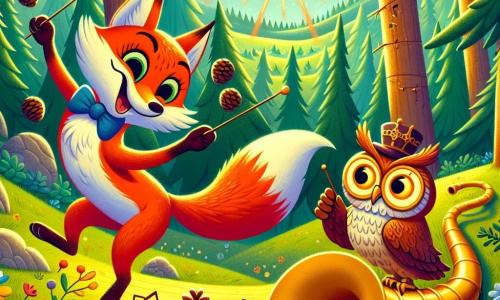 Dans une clairière ensoleillée, un renard roux nommé Fripouille danse joyeusement en jonglant avec des pommes de pin. À ses côtés, un hibou sage nommé Maestro observe amusé, prêt à diriger la musique qui emplit l'air. La clairière, entourée d'arbres verdoyants et de fleurs colorées, abrite un tuba géant doré au centre, évoquant un monde fantastique. Fripouille, emporté par l'enthousiasme, s'apprête à faire un saut gracieux, tandis que la musique enchantée crée une atmosphère festive et joyeuse.