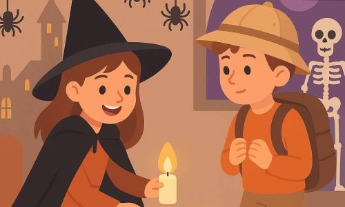 Clara, une fille de 10 ans avec un chapeau de sorcière noir et une cape, sourit en tenant une bougie LED. À côté d'elle, Léo, un garçon de 10 ans avec un casque d'explorateur en carton et un sac à dos, la regarde curieusement. Ils sont dans un salon décoré pour Halloween avec des guirlandes orange, des araignées en plastique et un squelette en carton. Clara et Léo alignent trois bougies LED sur le sol, formant un arc lumineux, tandis qu'une maison hantée scintille en arrière-plan avec des fenêtres illuminées et une lune violette.