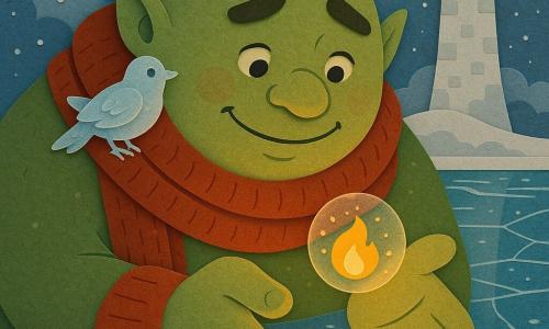 Un ogre grand et rond au visage doux, sourire timide et yeux brillants, coiffé d’une énorme écharpe rouge tricotée, penché, paumes ouvertes pour tenir délicatement une petite Flamme de vie dorée semblable à une luciole chaude enfermée dans une bulle translucide scintillante ; il exprime douceur et concentration, sourcils légèrement froncés et bouche arrondie en sourire ; un petit oiseau de glace transparent est posé sur son épaule gauche, ailes repliées, regardant la flamme ; décor : rive d’une grande rivière gelée, glace claire comme du verre avec reflets dorés, fines fissures et bulles emprisonnées, en arrière-plan la Tour du Souffle blanche aux pierres givrée et fenêtre ronde au sommet auréolée d’un halo doré, ciel de tempête adoucie avec volutes de neige argentée et petites étincelles mais zones calmes de flocons ; scène principale : l’ogre recueille lentement la flamme sortie d’une poche de glace dans un geste protecteur, chaleur humaine contrastant avec la froideur ambiante ; style visuel : couleurs simples et contrastées (rouge chaud, or lumineux, blanc et bleu glacé), formes aux contours nets, textures papier froissé et ombres portées douces.
