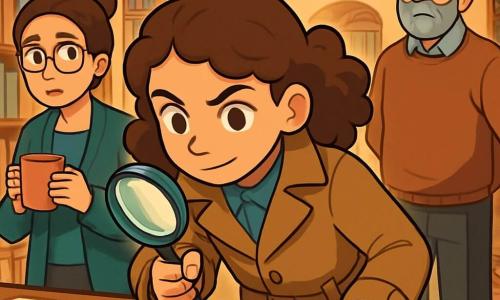 Capucine, une fille de 12 ans aux cheveux châtains et bouclés, porte une veste de détective et tient une loupe. Elle examine une table couverte de livres et de papiers dans une bibliothèque, avec un regard déterminé. À ses côtés, Mme Garric, une femme d'une quarantaine d'années avec des lunettes, semble anxieuse en tenant une tasse de chocolat chaud. M. Belloc, le bibliothécaire d'une cinquantaine d'années, les observe avec inquiétude. La bibliothèque spacieuse est remplie de livres colorés et éclairée par des lumières douces. Capucine est en pleine enquête, tandis que l'atmosphère est tendue mais mystérieuse, avec une lumière chaleureuse contrastant avec l'inquiétude des personnages.