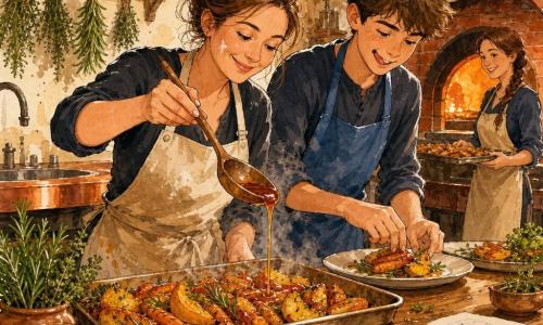La cheffe Clara, souriante et concentrée, visage rond poudré de farine, cheveux en chignon et tablier crème taché, verse en filet une réduction ambrée avec une grande cuillère en bois sur des légumes rôtis pendant que Léo, adolescent d'environ 15 ans, grand, cheveux bruns en bataille et tablier bleu, dresse une assiette à sa droite la langue sortie ; une collègue d'une trentaine d'années aux cheveux tressés tient un plateau près d'un vieux four en briques rouge chaleureux ; la cuisine rustique montre une table en bois marquée, un plan de travail en cuivre, des étagères à bocaux, des bottes de thym et de romarin suspendues et une lumière orangée du four ; la scène met en avant la réduction brillante coulant en ruban sur carottes dorées et quartiers de courge, herbes fraîches éparses, légère vapeur et un carnet griffonné ouvert sur la table, palette de tons chauds (orange, ambre, brun) avec touches de vert vif et traits d'encre nets sur lavis aquarelle doux.