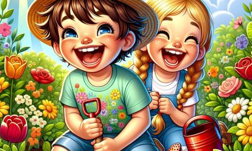 Un petit garçon de 4 ans, cheveux bruns en bataille et grand sourire, est accroupi dans un jardin ensoleillé avec une petite pelle. Il porte un chapeau de paille et un t-shirt bleu floral. À ses côtés, sa meilleure amie Léa, également âgée de 4 ans, cheveux blonds tressés et arrosoir rouge, l'encourage avec un sourire. Le jardin est rempli de fleurs colorées, roses, tulipes et marguerites, avec un sol brun prêt à accueillir de nouvelles graines. Simon et Léa plantent des graines ensemble, riant sous le soleil d'un ciel bleu, créant une atmosphère joyeuse.