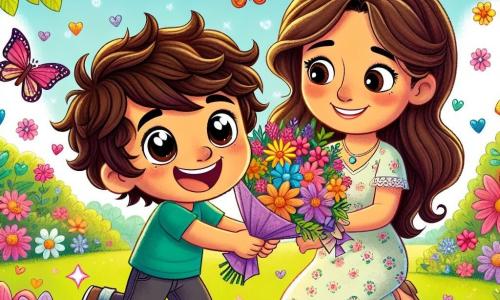 Léo, un petit garçon de 6 ans aux cheveux bruns en bataille et aux grands yeux joyeux, se tient au centre de l'image, souriant largement. Il tient une lettre colorée dans une main et un bouquet de fleurs scintillantes dans l'autre, entouré de papillons colorés. À ses côtés, sa maman, une femme d'une trentaine d'années aux longs cheveux châtains, le regarde avec émerveillement, s'accroupissant pour admirer le bouquet qu'il lui offre. En arrière-plan, un jardin éclatant de fleurs roses, jaunes et violettes, avec des arbres verdoyants et un ciel bleu parsemé de nuages blancs, crée une atmosphère magique. La scène célèbre la fête des mères, illustrant un moment de tendresse et de bonheur entre Léo et sa maman.
