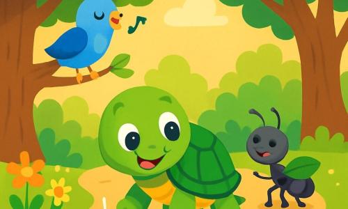 Une tortue nommée Lulu, avec une carapace verte et des yeux joyeux, marche lentement sur un chemin de terre. Elle sourit, curieuse. À côté, un oiseau bleu chante joyeusement sur une branche. Plus loin, une fourmi noire transporte une feuille, regardant Lulu avec amitié. La scène se déroule dans une forêt enchantée, où des arbres majestueux dansent sous le vent et des fleurs colorées parsèment le sol. La lumière du soleil filtre à travers les branches, créant des ombres douces. Lulu découvre une pierre brillante sur le chemin, et tous les animaux se rassemblent autour d'elle pour partager un moment magique d'amitié.