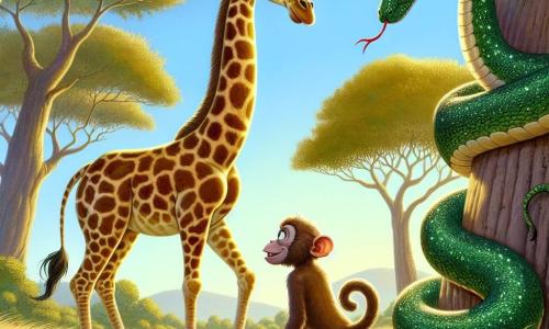 Une girafe nommée Mélissa, au long cou élégant et aux taches brunes, se tient au centre d'une clairière, prête à affronter un serpent géant. À ses côtés, un singe nommé Hugo grimpe sur son dos, souriant et gesticulant. En arrière-plan, un serpent aux écailles vertes s'étire autour d'un baobab, observant Mélissa avec curiosité. La clairière, baignée de lumière dorée, est entourée d'herbes ondulantes et de fleurs colorées, créant une atmosphère magique. La scène illustre le moment où Mélissa s'approche du serpent pour comprendre ses intentions, symbolisant l'harmonie entre les créatures de la savane.