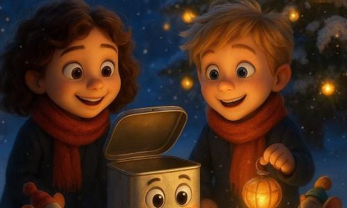 Biscotte, une boîte en fer blanc avec des yeux ronds pétillants et un sourire rouge, est ouverte et rayonnante de bonheur sur la neige scintillante. À côté, Lila, une fillette aux cheveux bruns bouclés et aux joues rosées, porte une écharpe rouge et sourit avec émerveillement. Jules, un garçon aux cheveux blonds ébouriffés, tient une lanterne en forme de coquille de noix, illuminant la scène d'une douce lueur dorée. Autour d'eux, de petites souris avec des bonnets miniatures et des écharpes colorées déposent des cadeaux sous un grand sapin enneigé. Le jardin hivernal est animé par des flocons de neige et des lanternes scintillantes accrochées aux branches. La scène principale montre la magie de Noël, où Biscotte et les enfants partagent des cadeaux dans une atmosphère chaleureuse et lumineuse.