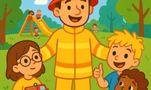 Un homme pompier souriant, portant un casque rouge et une combinaison jaune, se tient au centre de l'image, les bras ouverts et affichant une expression joyeuse. À sa droite, une petite fille de 6 ans, Emma, avec des cheveux bruns et des lunettes, le regarde avec des yeux écarquillés, tenant un petit jouet de camion de pompier. À sa gauche, un garçon de 7 ans, Léo, avec des cheveux blonds en bataille, sourit en levant le pouce, tandis que Zoé, une fille de 5 ans aux cheveux bouclés, s'accroche à son bras, émerveillée. Le parc verdoyant est rempli d'arbres, de fleurs colorées et d'un ciel bleu. Au fond, on voit un grand toboggan et des enfants jouant. La scène montre le pompier racontant des histoires sur son métier, entouré d'enfants captivés.