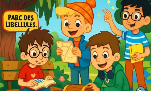 Quatre enfants sont présents : Malo, un garçon de 9 ans avec des cheveux bruns en bataille et des lunettes rondes, assis sur un banc avec un carnet rouge ; Oscar, 9 ans, aux cheveux blonds et portant un bonnet, debout à côté de Malo en lisant un message mystérieux ; Arthur, 9 ans, avec des cheveux châtains et des écouteurs autour du cou, accroupi près de la fontaine ; et Yanis, 9 ans, aux cheveux noirs et lunettes carrées, debout derrière Arthur en train de dessiner. Ils se trouvent au Parc des Libellules, un lieu verdoyant avec des arbres en fleurs, des nénuphars et une fontaine entourée de roses. Les enfants sont en chasse au trésor, découvrant une boîte décorée de cœurs près d'un saule, entourés de rires et d'une ambiance joyeuse, tandis qu'un pigeon les observe.