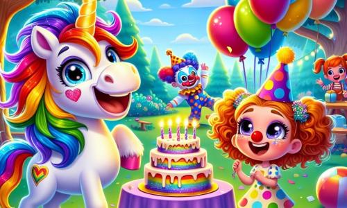 Au centre de l'image, une licorne joyeuse nommée Léo, avec une crinière arc-en-ciel et un sourire éclatant, se tient devant une table décorée de gâteaux et de ballons. À côté de lui, Max, un garçon déguisé en clown, rit en tenant des confettis. En arrière-plan, Mia, une fillette à robe à pois, observe la scène, entourée d'amis cachés derrière les arbres. Le lieu est un square verdoyant avec des fleurs et un grand chêne, sous un ciel bleu. Léo et Max préparent une fête d'anniversaire surprise pour leur ami Tom.