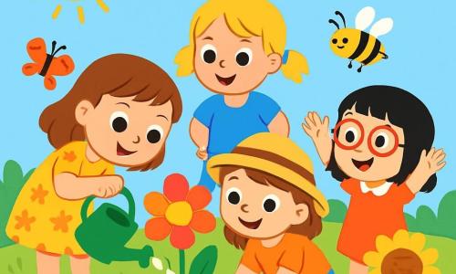 Quatre enfants s'amusent dans un jardin ensoleillé rempli de fleurs colorées. Lou, 6 ans, avec des cheveux bruns, porte une robe jaune à fleurs et se penche vers une belle fleur. Mila, 5 ans, avec des cheveux blonds en couettes, admire la fleur en regardant avec émerveillement. Zoé, 6 ans, cheveux châtains et chapeau de paille, est accroupie, touchant la terre avec un sourire. Lina, 5 ans, cheveux noirs et lunettes rondes, salue une abeille. Les enfants arrosent les fleurs avec un arrosoir, souriants et engagés dans une activité de jardinage, célébrant la nature. Des papillons volent autour des fleurs sous un ciel bleu clair.