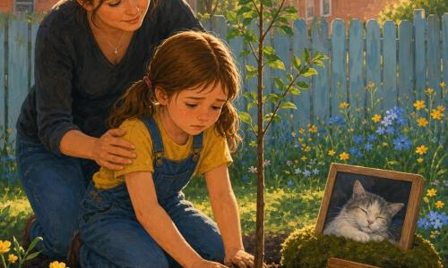 Emma, 8 ans, visage rond, taches de rousseur, cheveux châtains en couettes, yeux brillants et tristes, est agenouillée, mains terreuses couvrant les racines d’un jeune arbre ; sa mère, d’environ 35 ans, cheveux bruns en chignon et expression douce, se tient en retrait la main sur son épaule. Une petite photo posée sur un coussin de mousse près d’une plaque en bois montre un chat blanc et gris endormi et souriant ; la plaque gravée « Molly » est visible au premier plan. Le lieu est un petit jardin urbain à terre sombre, herbes et fleurs sauvages jaunes et bleues, clôture en bois bleu pâle et maisons en briques floues derrière, l’atmosphère est calme et solennelle avec une lumière douce de fin d’après-midi et des couleurs chaudes et poudrées, geste de plantation et de souvenir.