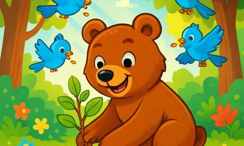 Un ours brun nommé Oscar, au pelage doux et brillant, se tient au centre de la scène, les yeux pétillants de détermination et un large sourire sur le visage. Il plante un jeune arbre dans la terre fertile, entouré de petites fleurs colorées. À côté de lui, un groupe de petits oiseaux bleus aux plumes éclatantes chantent en s'envolant autour d'Oscar, apportant des graines dans leurs petits becs. La scène se déroule dans une forêt verdoyante, avec de grands arbres majestueux et des rayons de soleil filtrant à travers les branches, illuminant le sol parsemé de fleurs sauvages. Oscar et les oiseaux travaillent ensemble pour sauver leur forêt, unissant leurs forces pour planter des arbres et embellir leur environnement, remplis d'espoir et de joie.