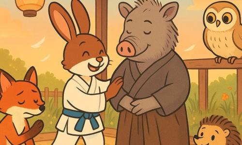 Oscar, petit lapin brun et blanc aux grandes oreilles, concentré et joyeux, porte un kimono blanc avec ceinture bleue et pose une patte sur l’épaule d’un partenaire, patte arrière légèrement levée; Maître Baku, vieux sanglier gris au visage patient, en hakama brun, se tient en retrait les mains jointes; Mina, chouette ronde beige aux grands yeux ambrés, perchée sur une poutre à droite; Kai, renard roux élancé, gêné, se frotte la patte assis à gauche, près de Léo le hérisson petit et souriant qui applaudit doucement; petit dojo de paille en lisière d’un pré avec sol en planches et tapis de sable clair, palissade en bois, lanternes en papier, herbes et fleurs sauvages, lumière chaude du coucher de soleil; scène d’entraînement calme où les animaux jouent au « jeu des plumes » avec touches très légères illustrées par petites plumes flottantes et lignes de mouvement, visages apaisés, atmosphère ludique et sécurisante, couleurs vives et style vectoriel simple adapté à un livre jeunesse.