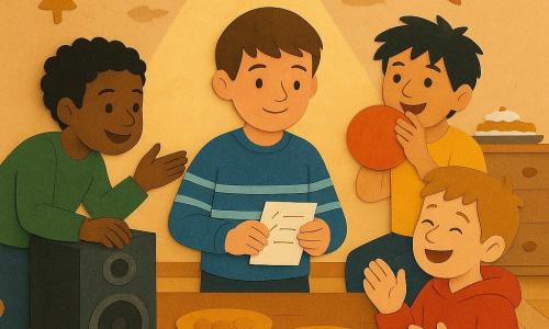 Quatre garçons d'environ 9 ans — Malo, châtain en pull bleu rayé, au centre tenant une liste ; Sami, noir, en pull vert, penché sur une enceinte comme un DJ ; Léo, blond en sweat rouge, assis sur un pouf, riant et claquant des doigts ; Théo, brun frisé en t‑shirt jaune, derrière la table gonflant un ballon — dans un salon chaleureux à parquet clair et table en bois décorée de guirlandes, coussins et papiers découpés ; ils improvisent une musique de salon entre claquements de mains, doigts qui « tac », coussins « pouf » et papiers dansants, ambiance festive de réveillon du Nouvel An.