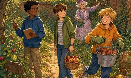 Quatre personnages : Noé, garçon de 12 ans, cheveux châtains courts, poignet avec bracelet bleu, tient au centre un panier de pommes ; Sami, garçon de 12 ans aux cheveux noirs bouclés, carnet et stylo, montre une branche coupée à gauche de Noé ; Théo, garçon de 12 ans aux cheveux blonds ébouriffés, sourire large, gants trop grands et seau plein, à droite de Noé ; Madame Lenoir, femme âgée aux cheveux blancs et chapeau violet, robe à fleurs, se tient derrière près d’un pommier et tend des gants avec un air bienveillant. Lieu : petit verger urbain derrière un immeuble avec trois pommiers, herbes hautes, framboisiers, chemin de terre, vieux mur de briques couvert de lierre, lumière douce du soir, feuilles et pommes au sol. Situation : les garçons aident Madame Lenoir à ramasser des pommes et à couper une petite branche cassée ; panier de pommes, seau de fruits abîmés, sécateur sur une chaise et sacs étiquetés « à donner ». Style : composition en trois plans, contours nets à l’encre et lavis chauds pour les vêtements et le verger.
