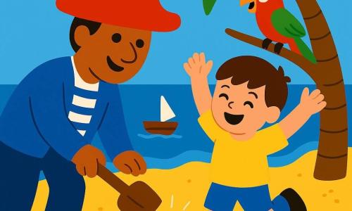 Le capitaine Tom, souriant avec un grand chapeau rouge et une veste bleue à rayures blanches, tient une pelle en bois et ouvre une petite boîte brillante sur une plage dorée; à ses côtés Léo, un garçon d'environ 6 ans aux cheveux bruns et chemise jaune, saute de joie, une petite souris grise nommée Mila se tient debout près des pieds du garçon en regardant la boîte, et un perroquet vert et rouge, Coco, perché sur un palmier bat des ailes; coquillages colorés, vagues calmes et un petit bateau en bois en arrière-plan, ambiance ensoleillée, couleurs vives et silhouettes simples adaptées aux tout-petits.