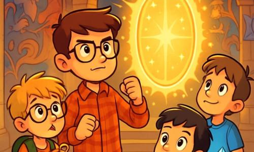 Quatre enfants se tiennent dans une grande salle mystérieuse. Maxime, 12 ans, cheveux bruns et lunettes, est au centre, regardant la Barrière magique. À gauche, Hugo, 11 ans, cheveux blonds en bataille et lunettes rondes, tient une boussole brillante. À droite, Lucas, 10 ans, cheveux châtains et t-shirt bleu, rêve d'aventures. Théo, 9 ans, le plus petit, avec des cheveux noirs et un sourire espiègle, se tient en arrière avec un cristal bleu. La salle est ornée de fresques colorées et la Barrière scintillante flotte au centre, entourée d'une lumière dorée. Les enfants, chacun tenant un artefact magique, affichent des expressions de détermination, prêts à protéger leur ville des forces obscures.